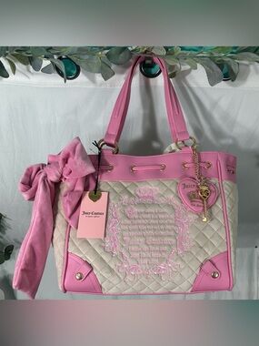 Juicy Couture Cream Quilted Tote with Pink Trim and Bow